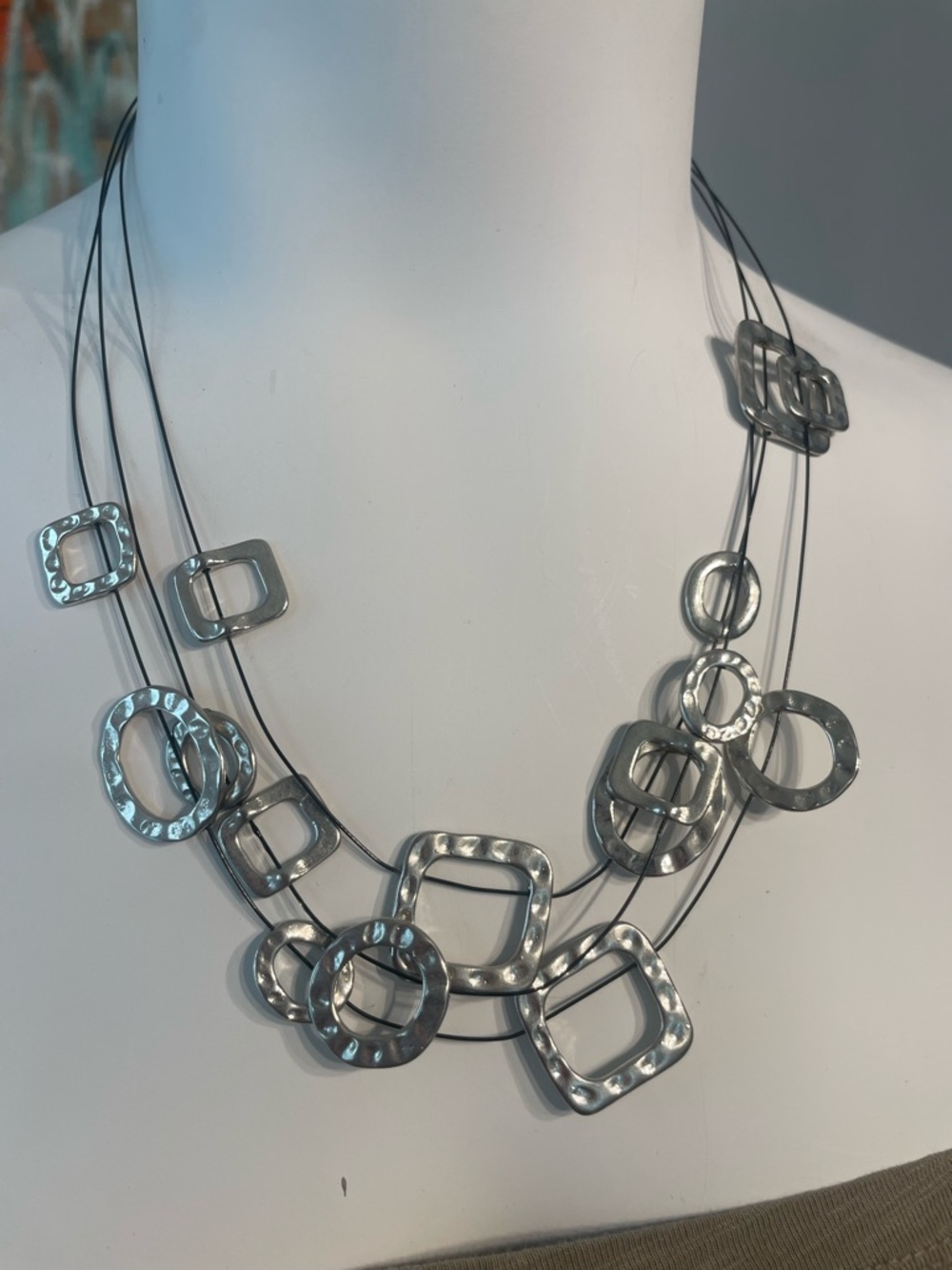 Multi-Strand Silver Geometric Necklace
